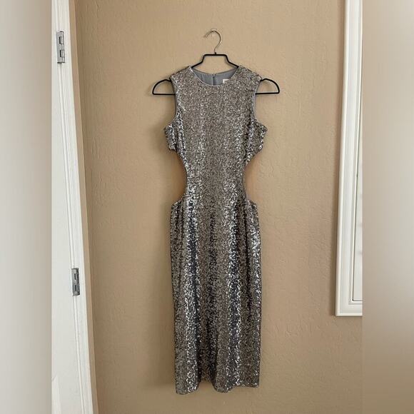 New Dress the Population Ryan Sequin Platinum Gunmetal Mesh Insert Midi Dress M - Picture 2 of 11